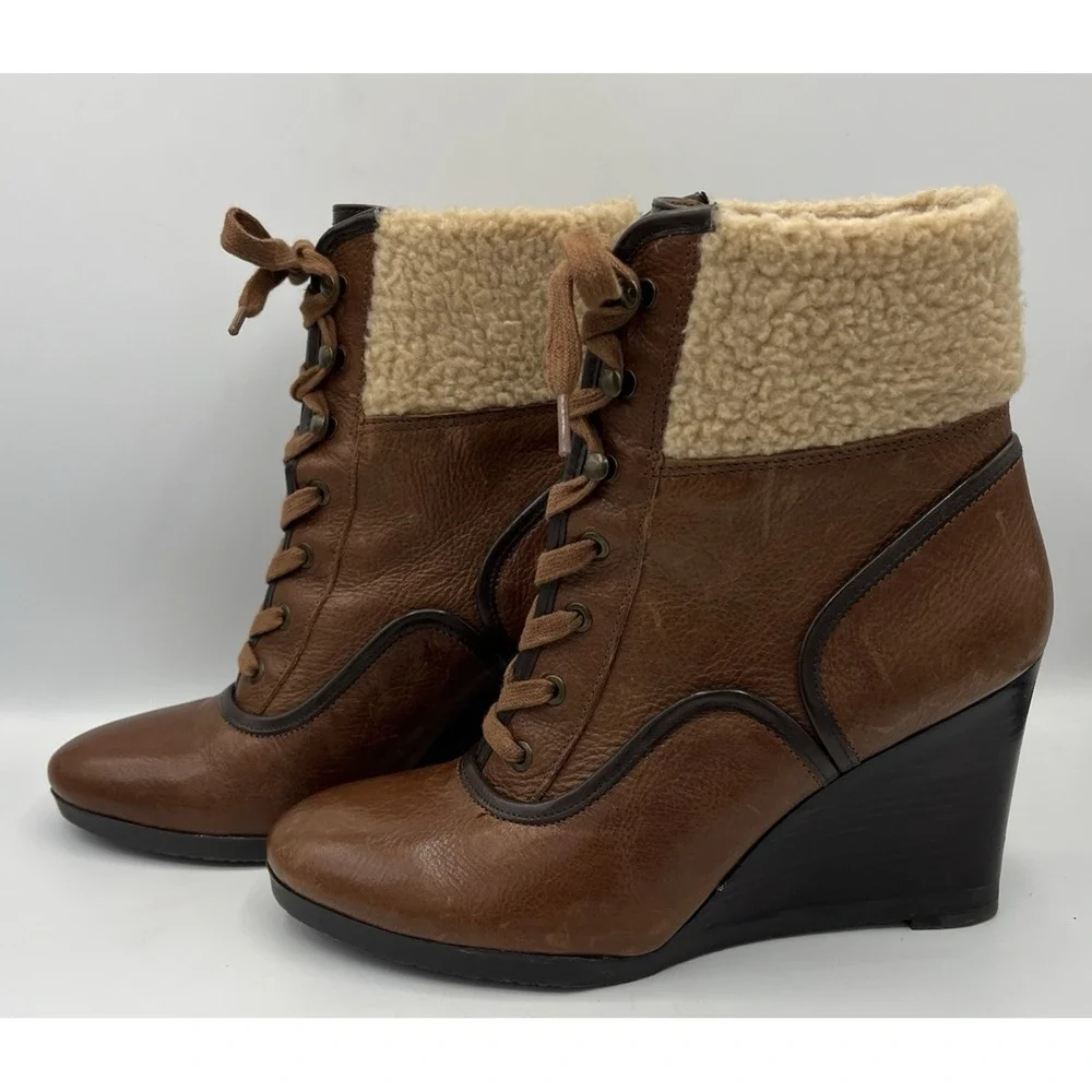 Franco Sarto Ankle Boot‎ Wedge Leather Sherpa Womens 7.5 Brown Lace Up Waverly